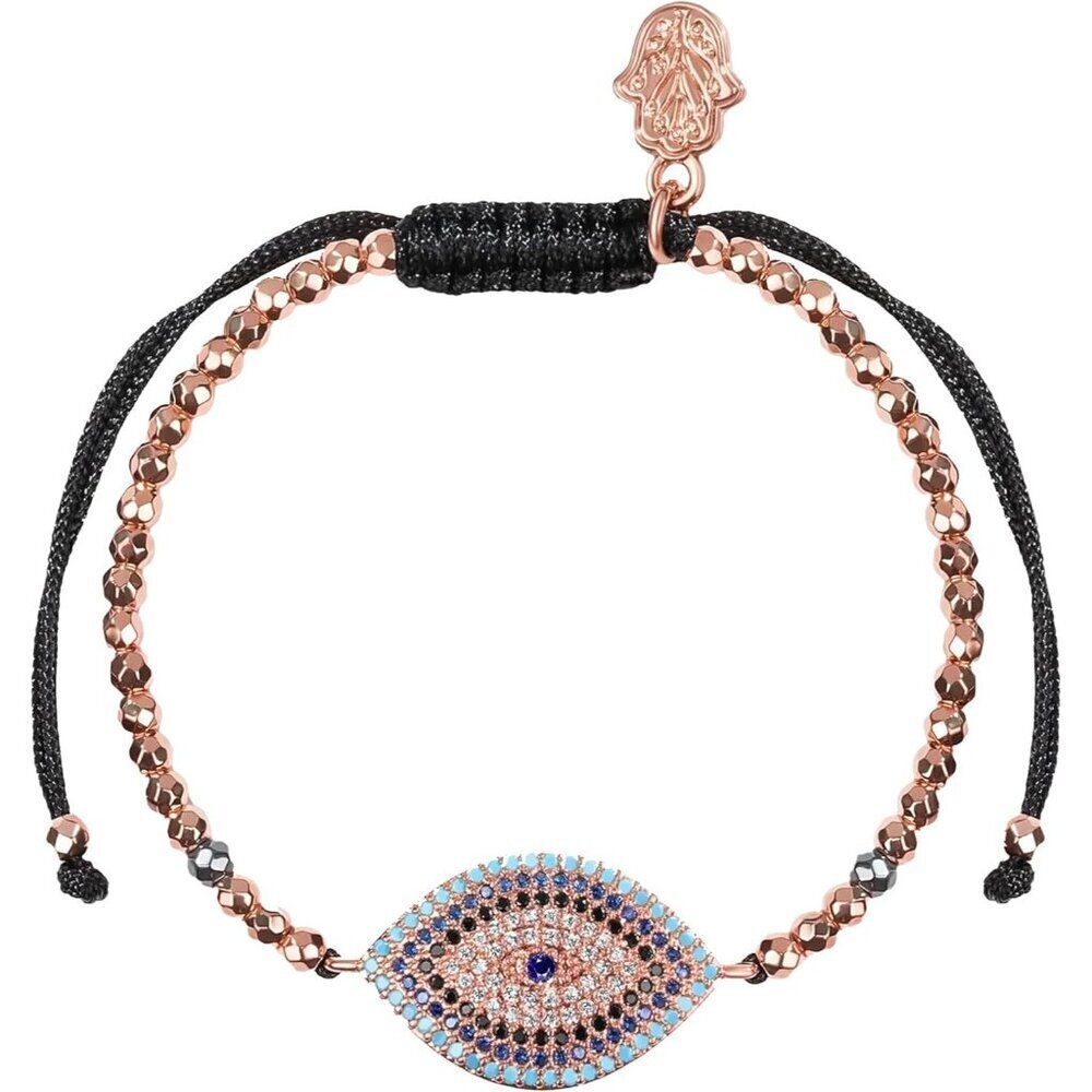 Women's Hematite Stone Beaded Bracelet with Evil Eye Charm Adjustable 5.5-7.5 in